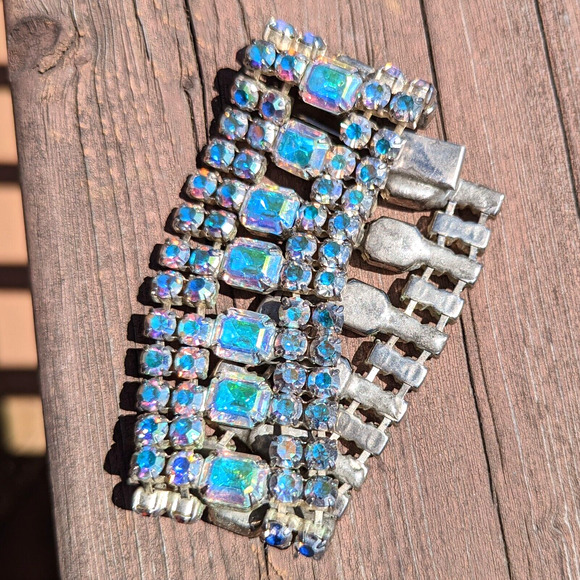 Aurora Borealis Clear Rhinestone Cuff Bracelet 5 Rows Statement Piece 60s 8.75" - Picture 10 of 13